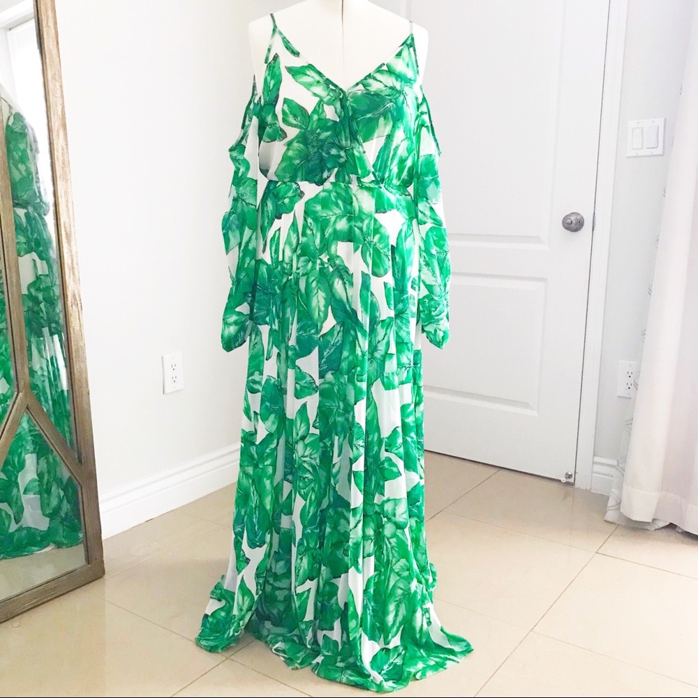 ARYNK Palm Print Chiffon Maxi Dress